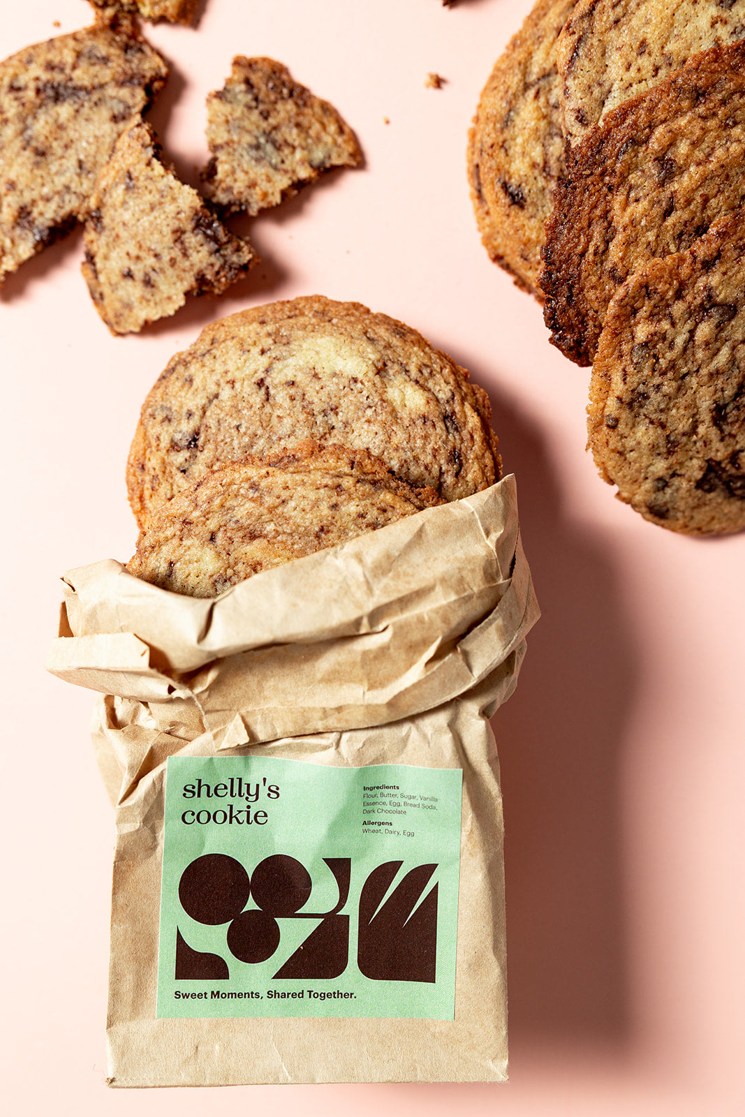 Shelly's chocolate chip cookies in a labelled cookie bag
