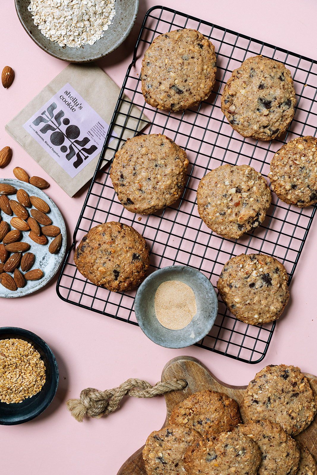 Lactation cookies with oats, almonds and linseed on a cooling rack
