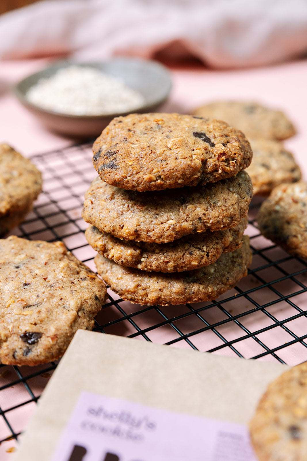 Close-up of stacked chocolate and almond lactation cookies
