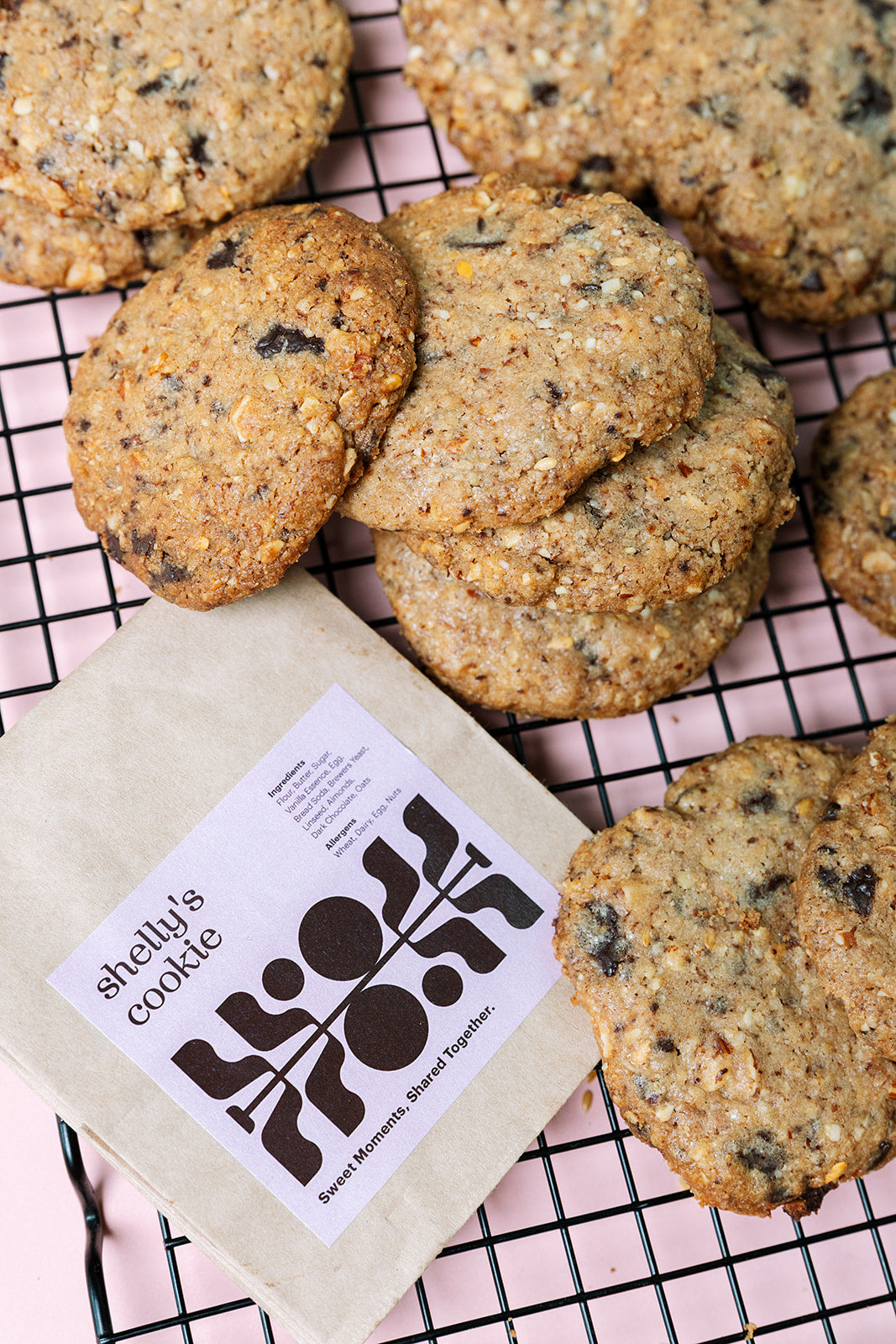 Lactation cookies with the Shelly's cookie label and ingredients